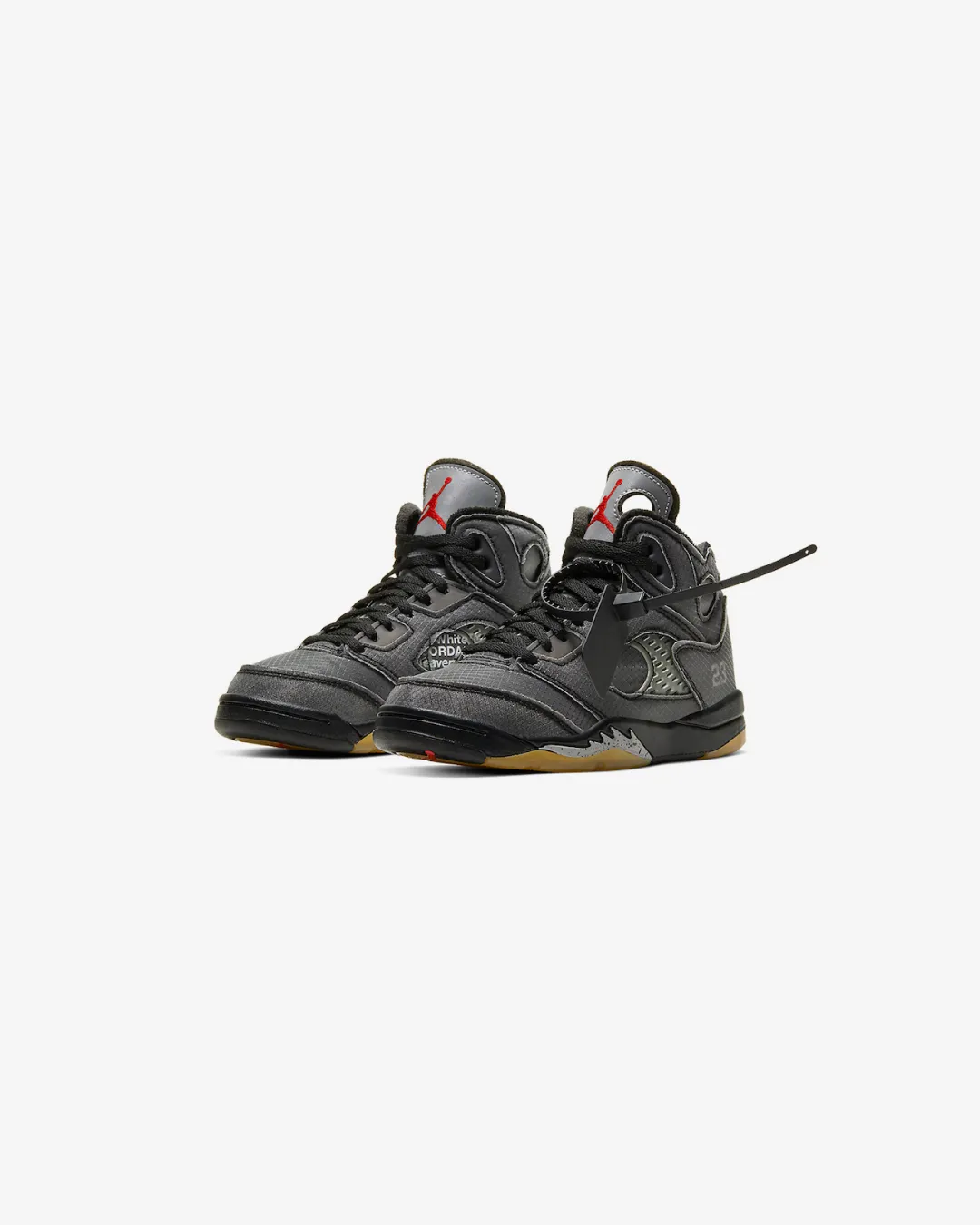 Air Jordan x Off-White 5 V Retro Chicago Black Metallic Virgil Abloh Sneakers running with a narrow toe box