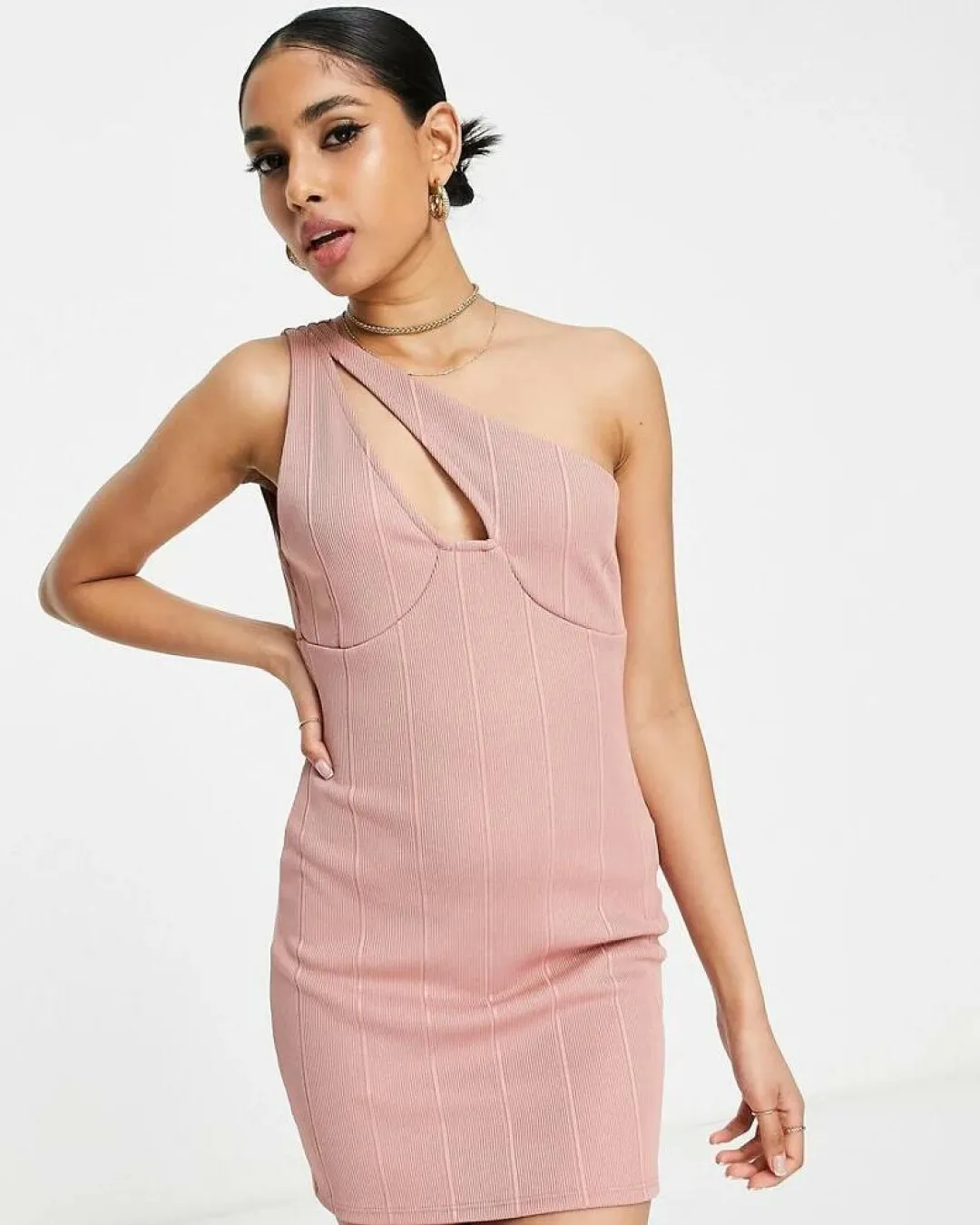 Miss Selfridge One Shoulder Bandage Dress in Camel-Pink summer running shoes