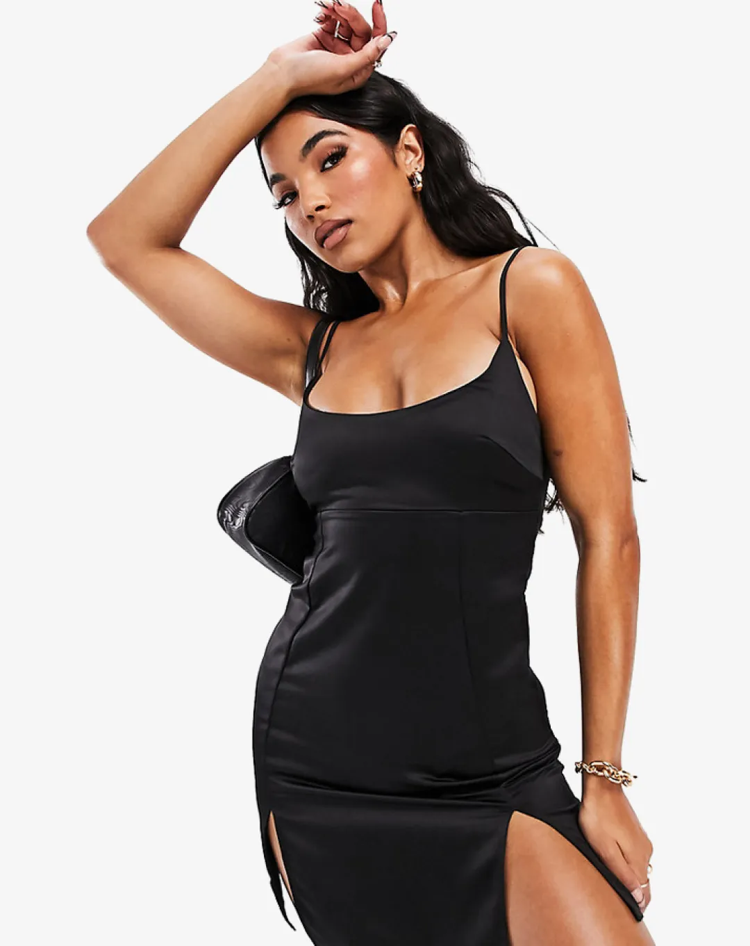 modern shoes race - day AsYou Satin Square Neck Cami Mini Dress with Slit Front in Black