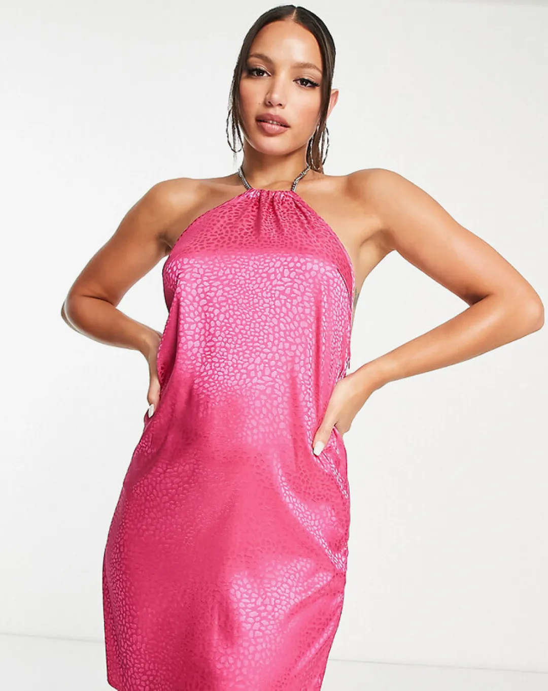 shock - dispersion religious - event running gear Lola May Tall Chain Strap Satin Mini Dress in Hot Pink Animal Jacquard