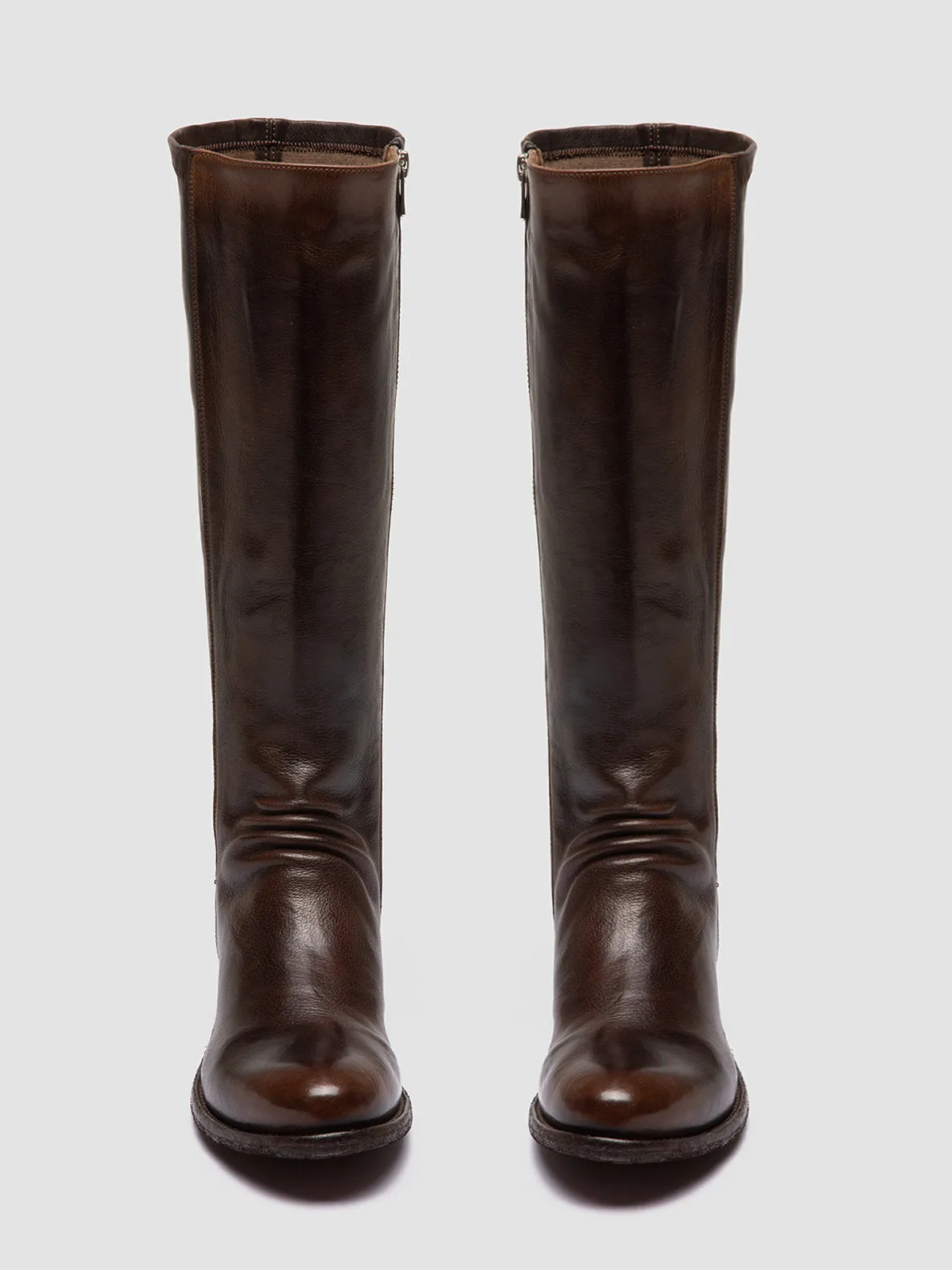 LISON 035 - Brown Stretch Leather Boots Fashionable Step Olive Tone