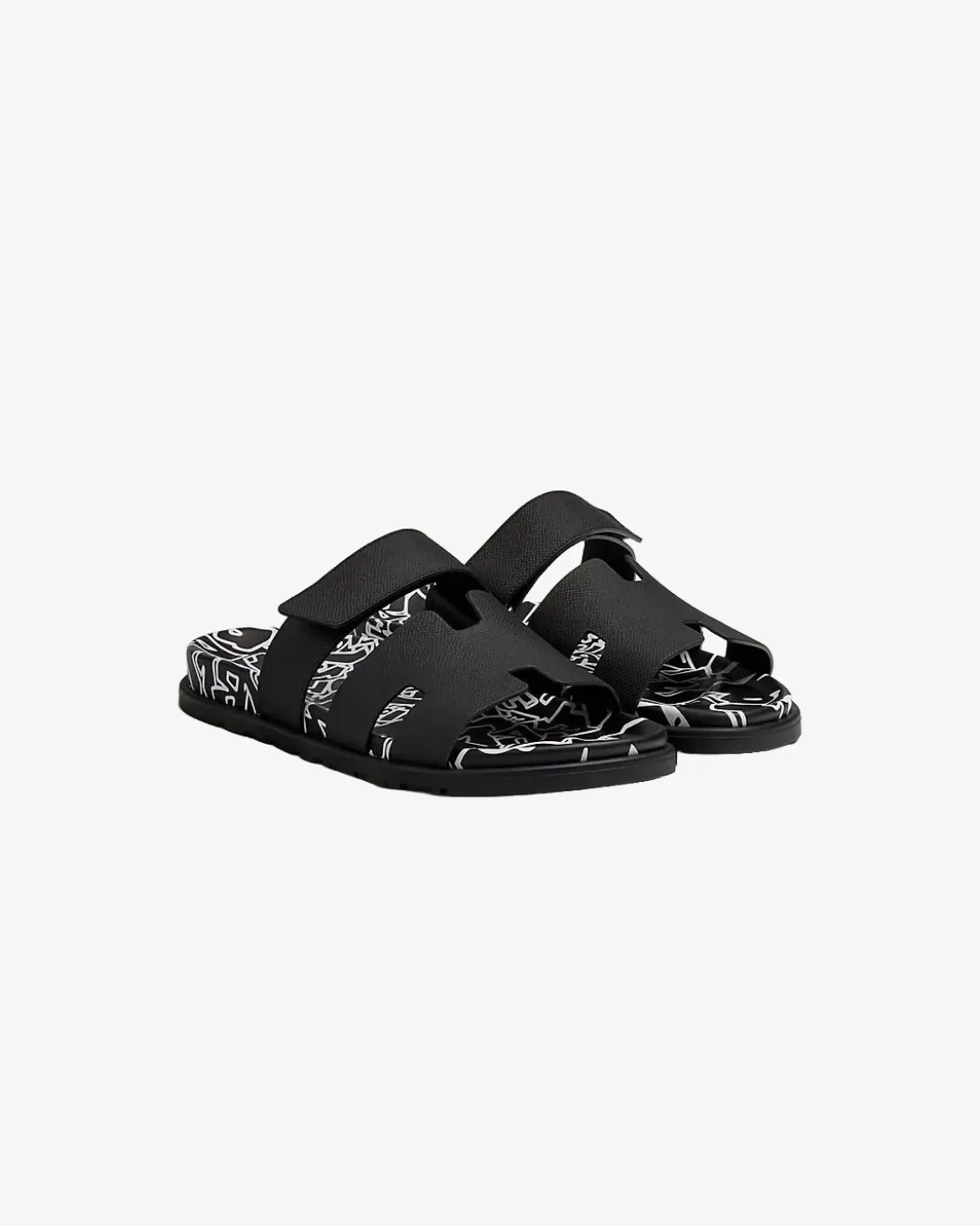Herm??s Chypre Black and White with "Graff Herm??s" Print Sandals windy weather arch - supported shoes