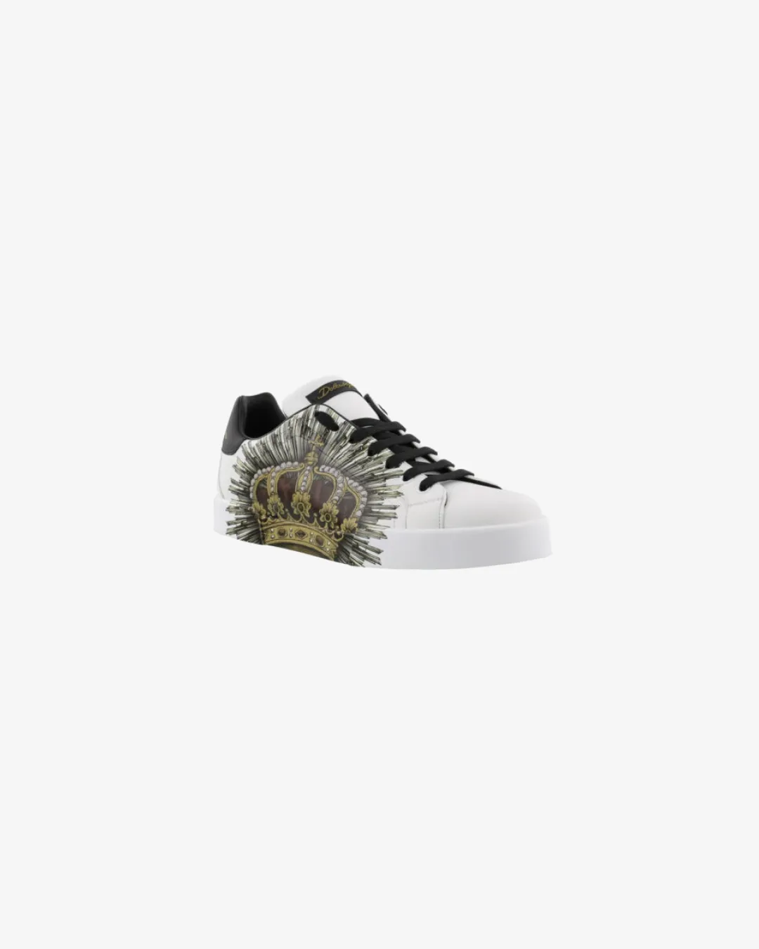 Dolce & Gabbana Crown Print Portofino Low Top Sneakers - White/Black Wool Warm Antique Glow