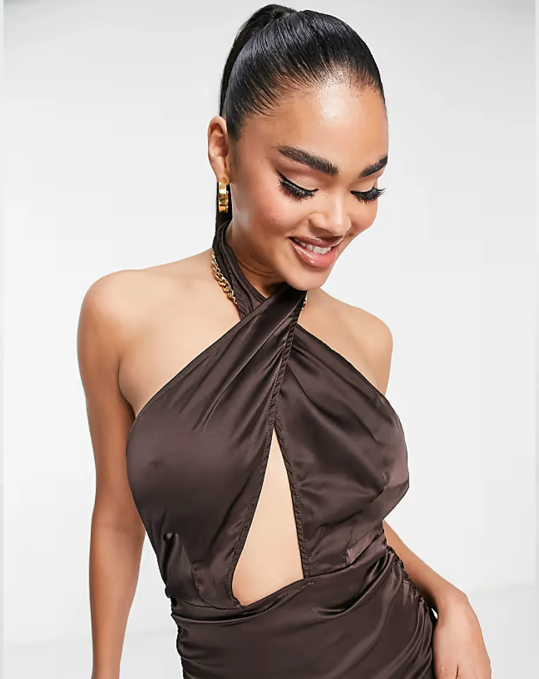 Parisian Satin Halter Neck Cross Front Mini Dress in Chocolate customizable shoes